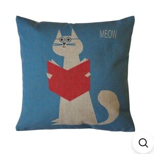 Nerd Meow Toss Pillow Cover Blue Red Cotton Linen Meowingtons 17in square